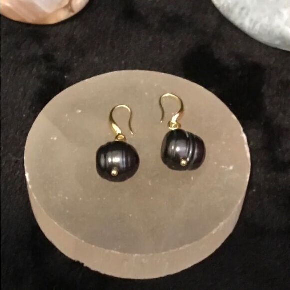 Tahitian Black Baroque Pearl Earrings 18KYG Over 925 Fine Silver - Picture 4 of 10